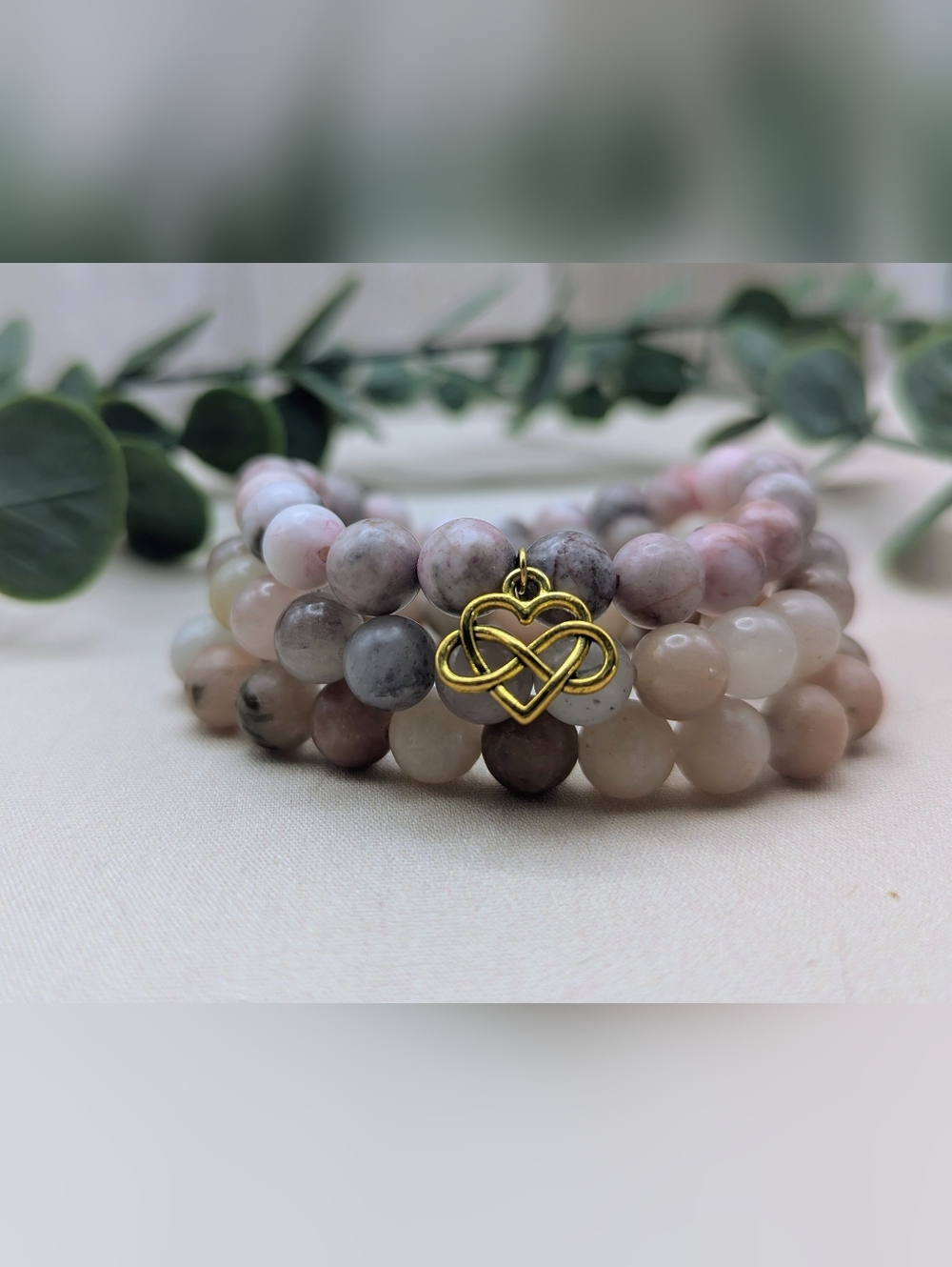 Blush Harmony Bracelet Set Pink Stone Stack Heart Charm Handmade